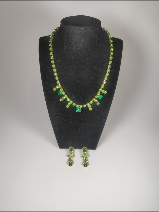 Vtg Uranium Glass Rhinestone Necklace & Earrings Set Parure Prong Set Gift